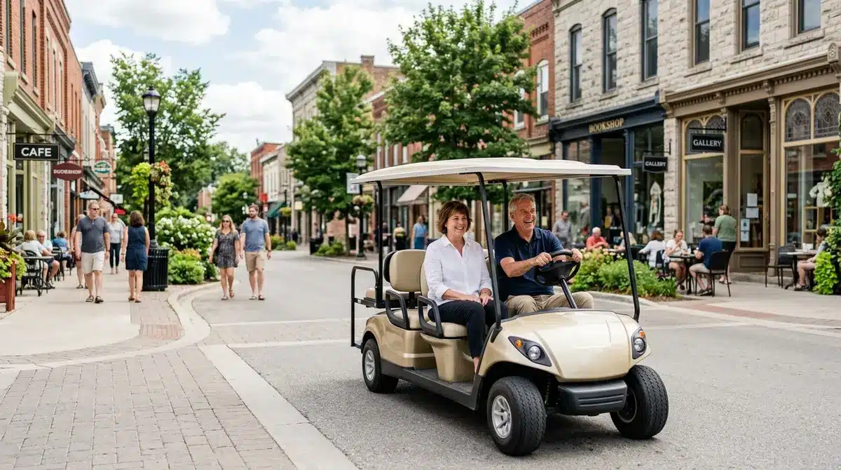Residents driving golf carts through the walkable downtown district