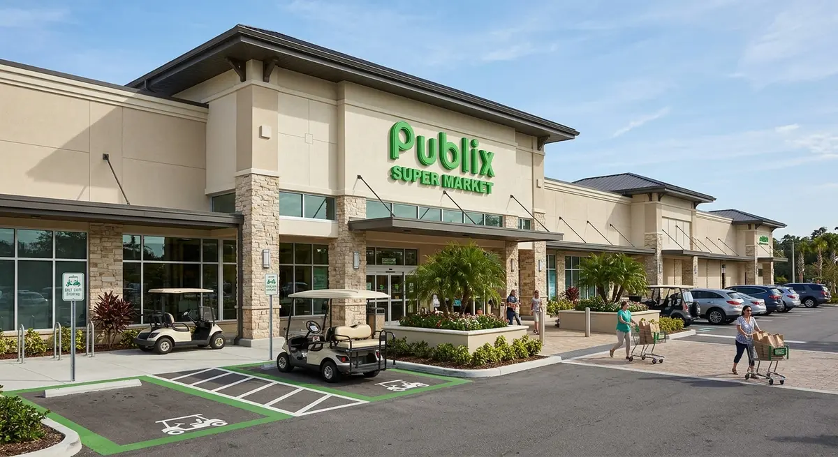 Exterior view of the Publix supermarket at Crescent B Commons showing golf cart parking