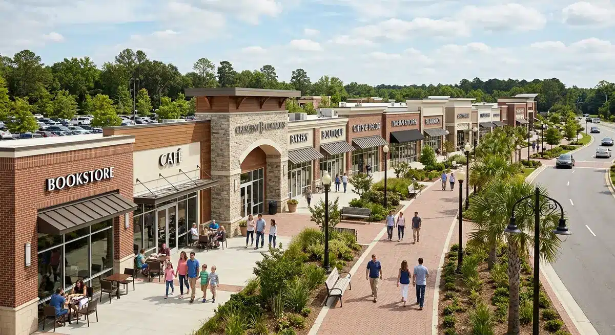 Wide view of Crescent B Commons shopping center featuring various retail storefronts and restaurants