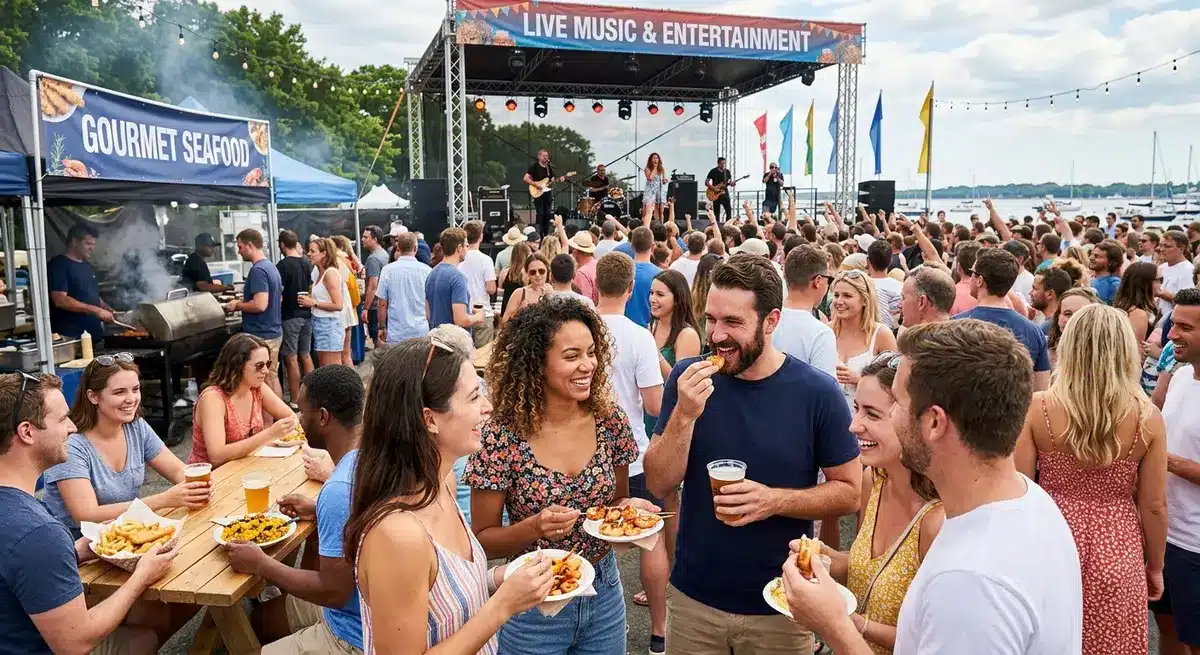 Crowd enjoying live entertainment and gourmet food at a vibrant outdoor seafood and music festival
