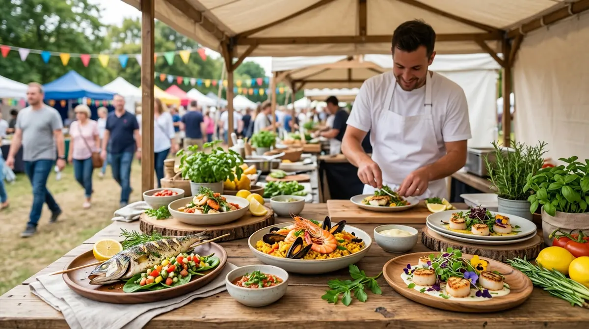 Gourmet sustainable seafood dishes displayed at a vendor tent during a community festival