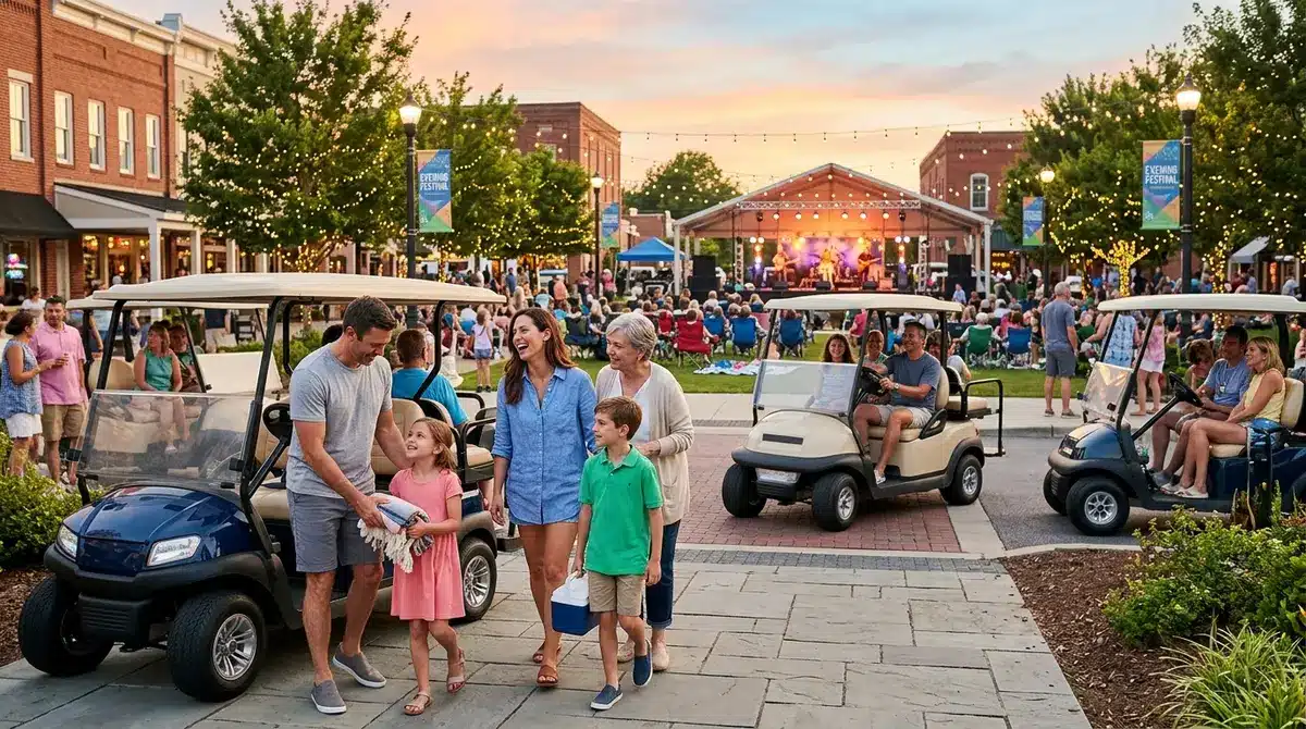 Families arriving on golf carts to a community town square for an evening music festival