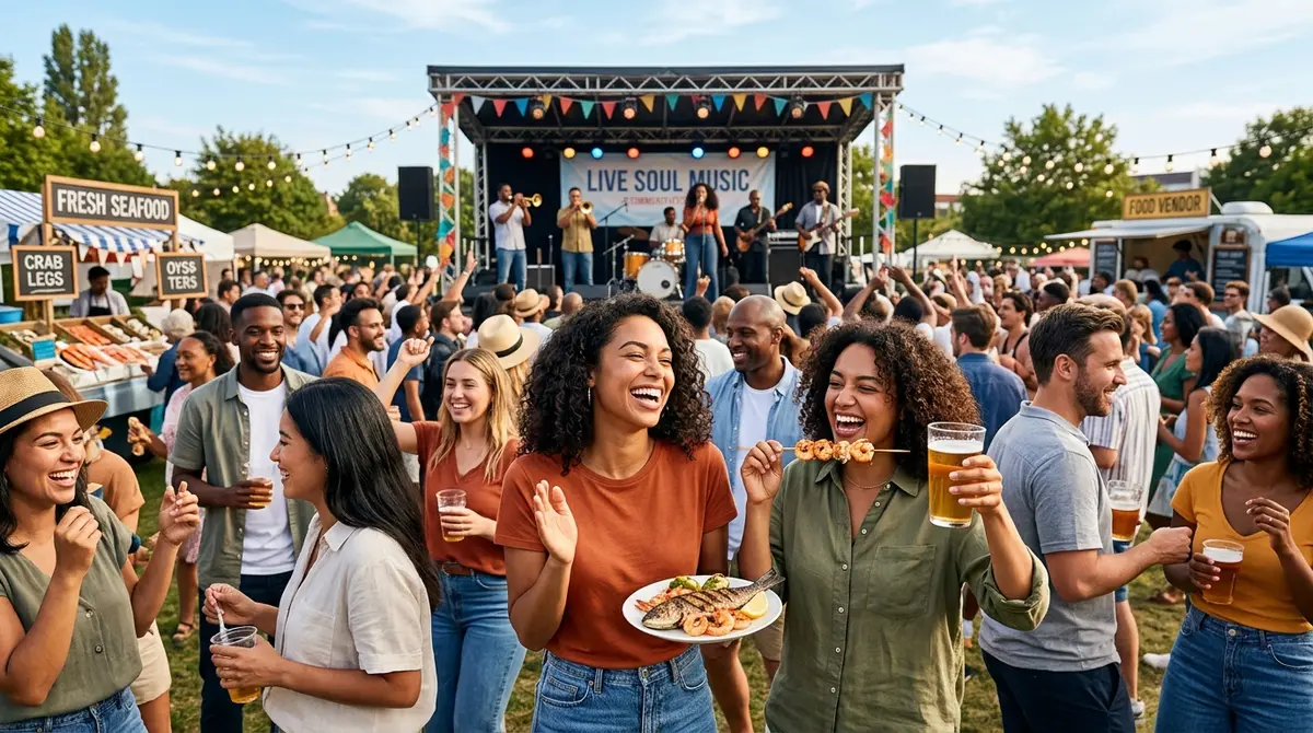 Crowd enjoying live soul music and fresh seafood at a community festival