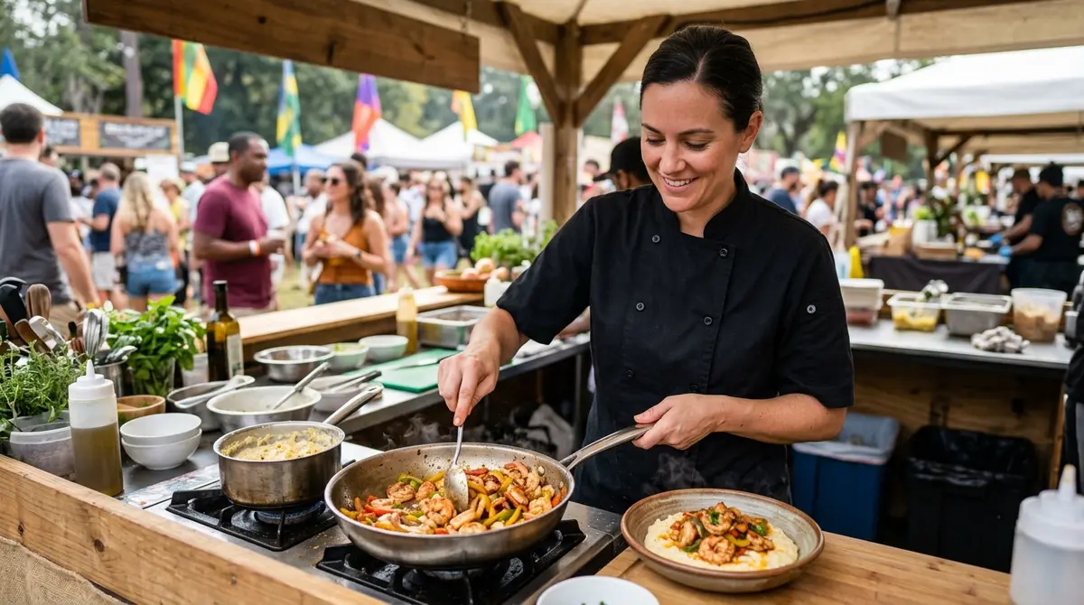 Chef preparing a fusion dish of shrimp and grits at a local food festival