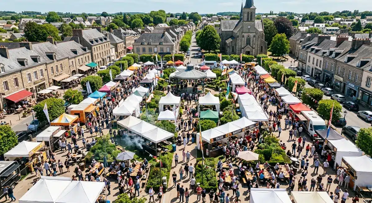 Aerial view of a vibrant community town square hosting a large culinary festival