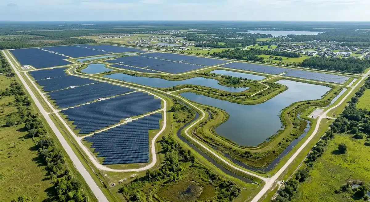 Aerial view of Babcock Ranch solar fields and attenuation ponds showcasing hurricane resilient infrastructure