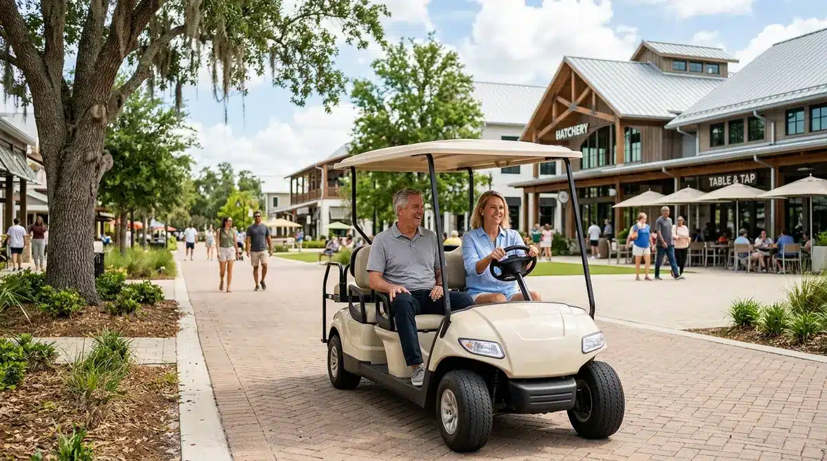 Residents driving a golf cart through Founder's Square in Babcock Ranch