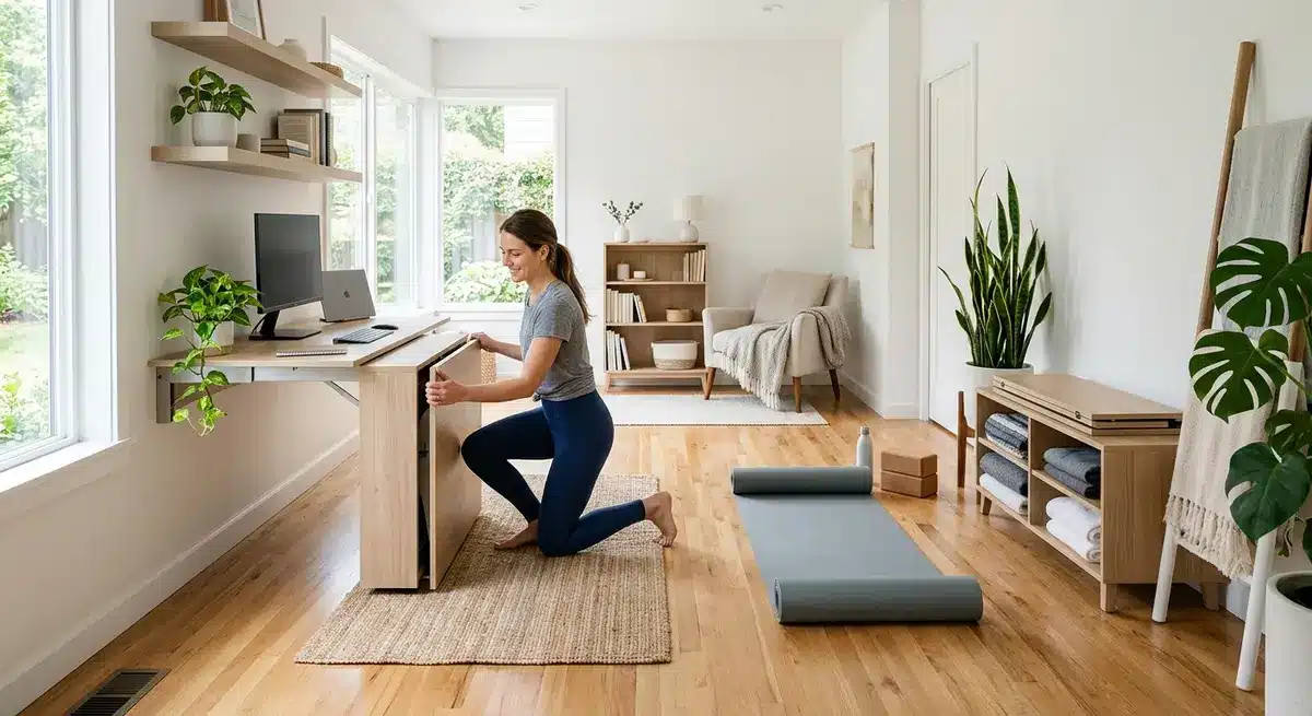 Modern flex room transitioning from a home office to a yoga studio with modular furniture