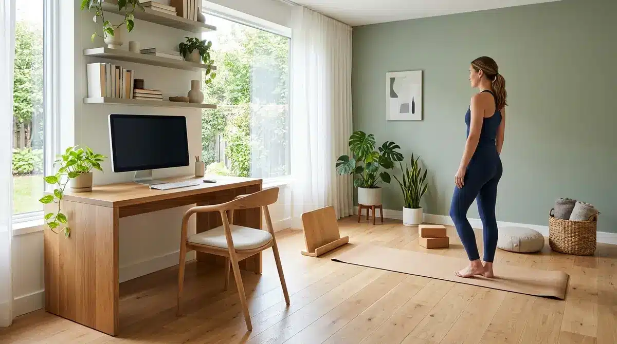 A brightly lit modern flex room transitioning from a home office to a yoga studio