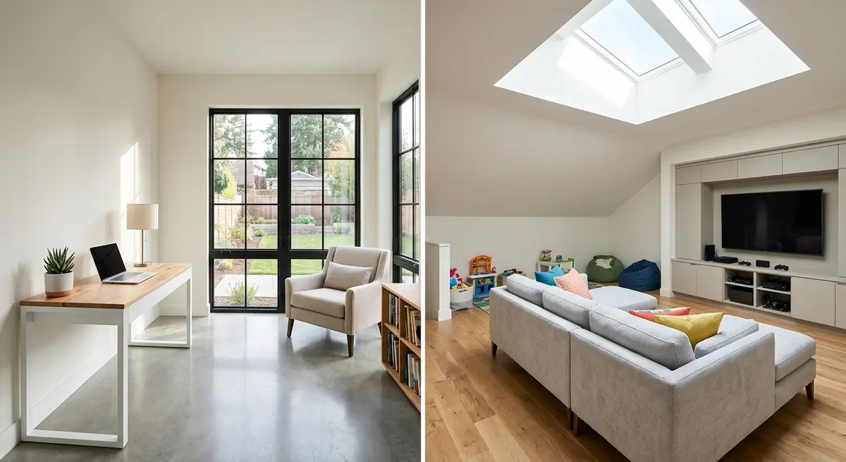 Comparison of a main floor flex room and an upper level bonus room layout