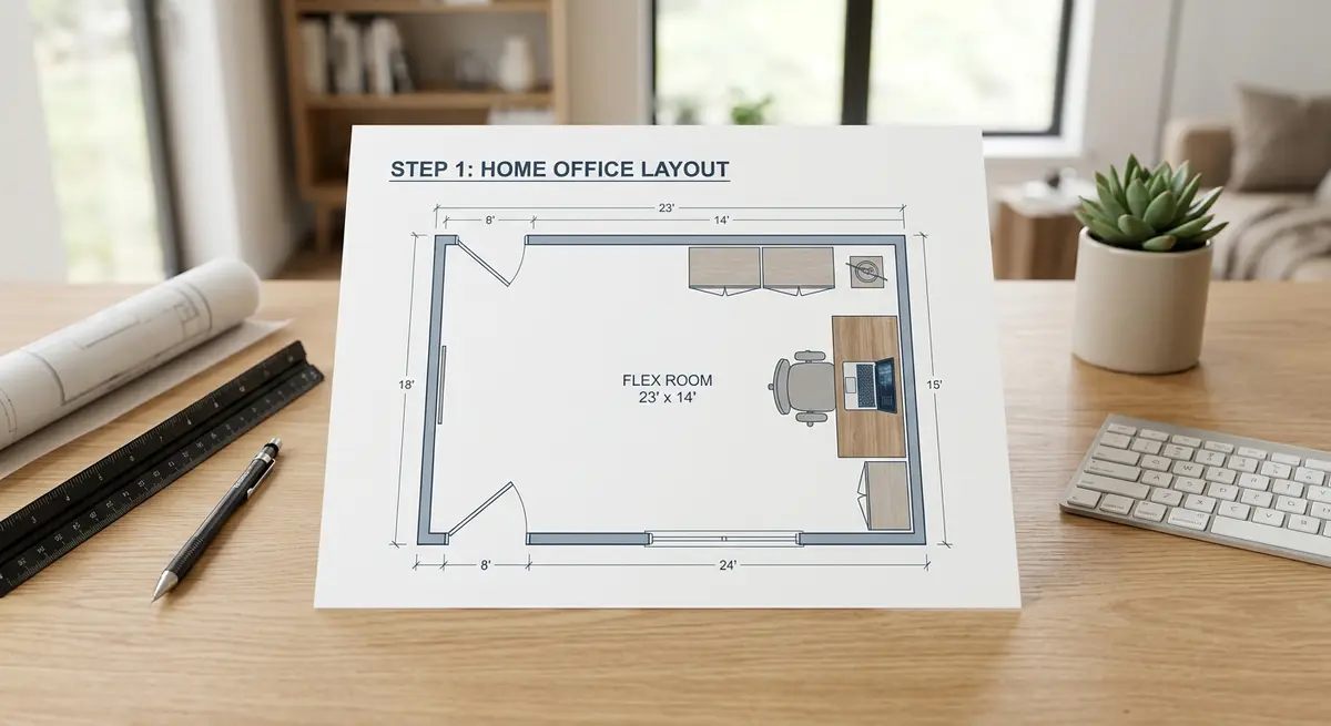 Step by step architectural floor plan showing a flex room layout with modular furniture