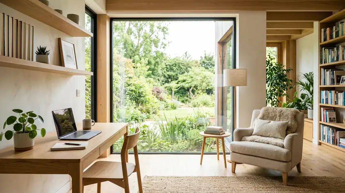 Bright and airy flex room in a modern sustainable home, staged as a hybrid office and reading nook