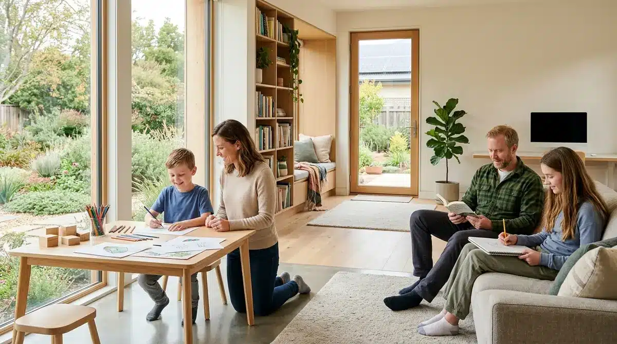 A family enjoying a multipurpose room in a modern, energy-efficient home