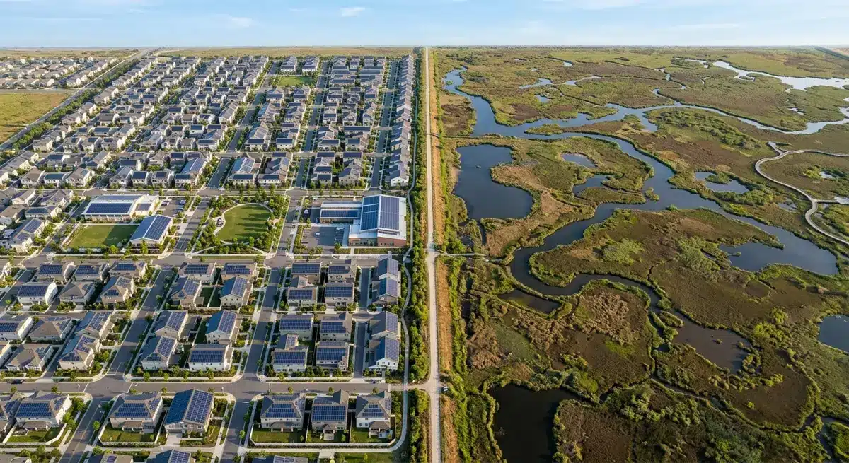 Aerial view of the boundary between the developed solar town and the preserved state wetlands