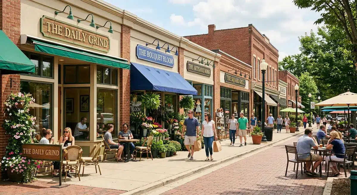 Commercial storefronts at Founder's Square featuring local businesses and restaurants