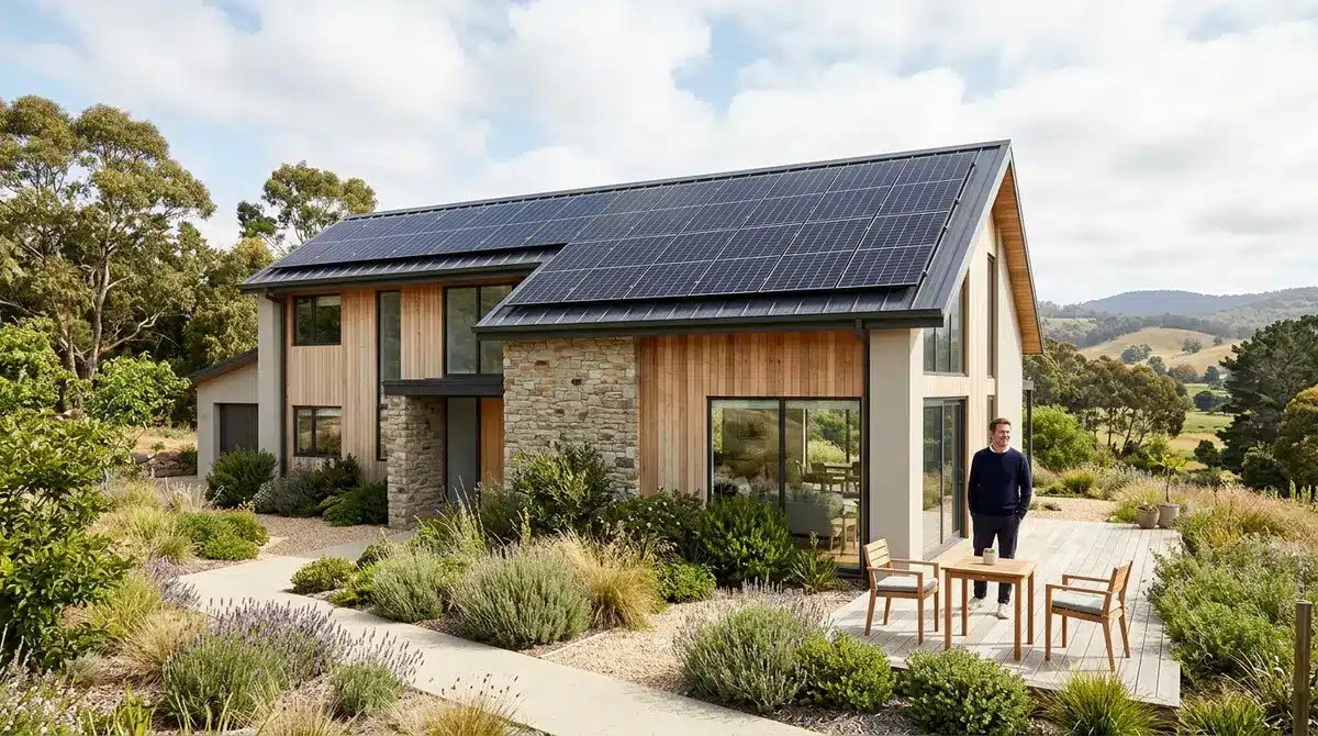 A newly constructed sustainable home with solar panels on the roof