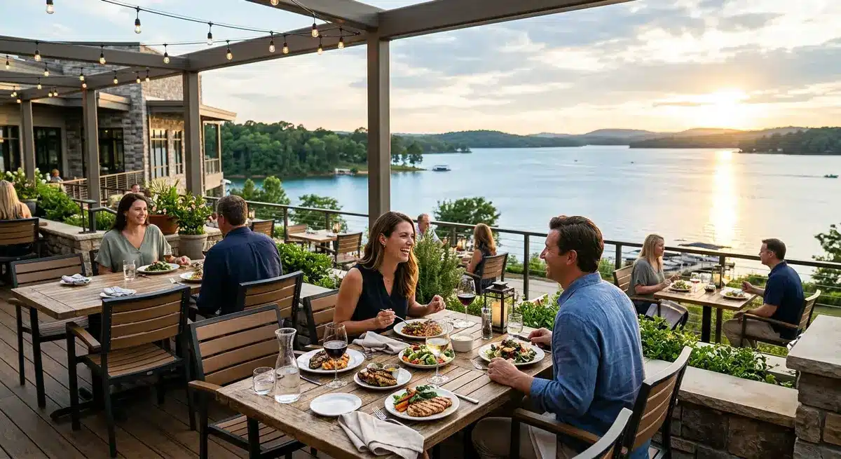 Outdoor patio dining at Table and Tap overlooking Lake Babcock