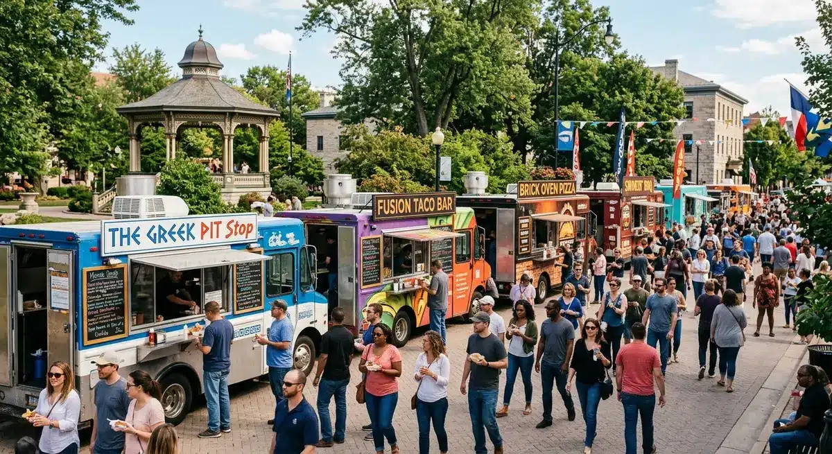 Food trucks lined up at Founder's Square during a weekend culinary festival