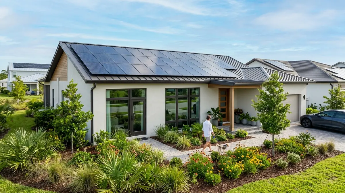 Modern solar-powered house in Babcock Ranch featuring impact-resistant windows and native Florida landscaping