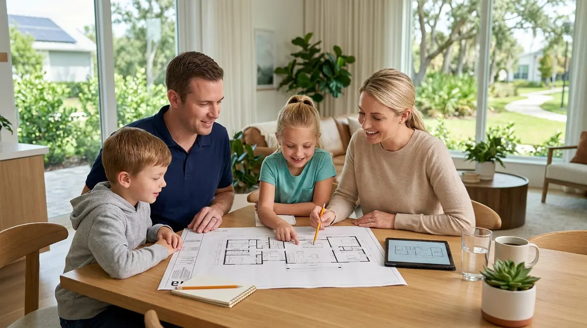 Family reviewing real estate floor plans for a new property in Babcock Ranch