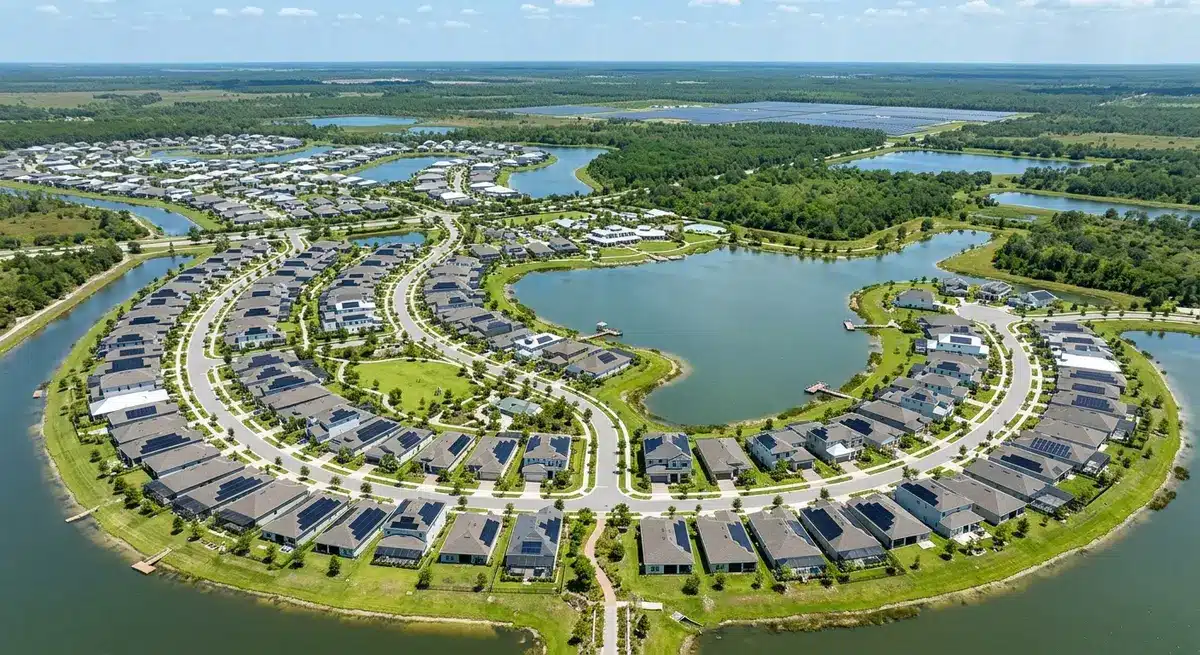 Aerial view of Babcock Ranch neighborhoods showcasing solar panels and community lakes