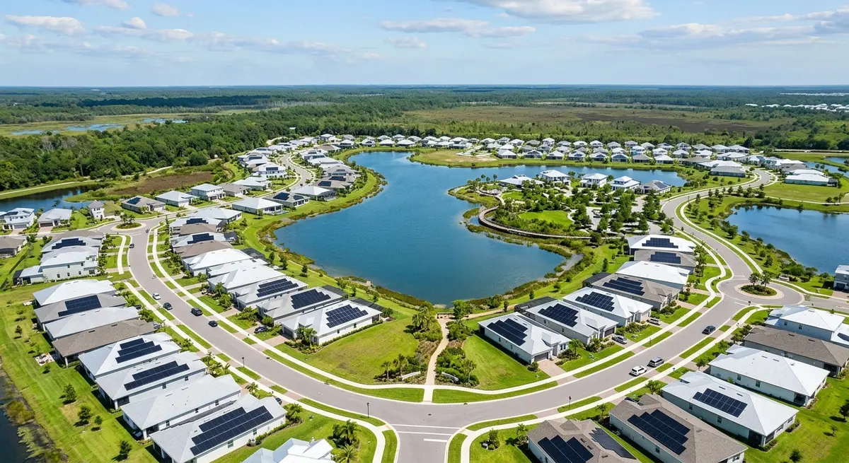 Aerial view of a Babcock Ranch neighborhood showing solar panels and lakes