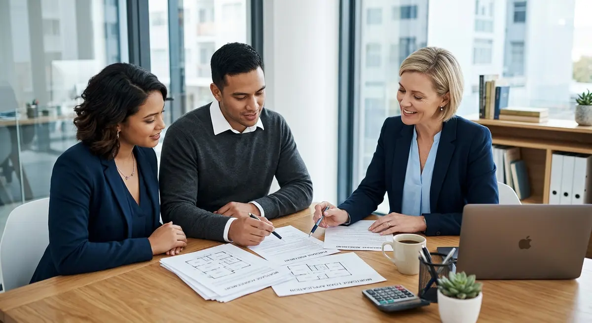 Couple reviewing real estate documents with a financial advisor