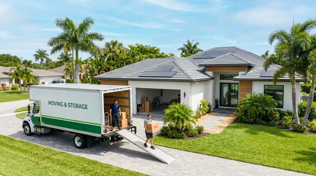Moving truck parked outside a modern Florida home with a solar roof