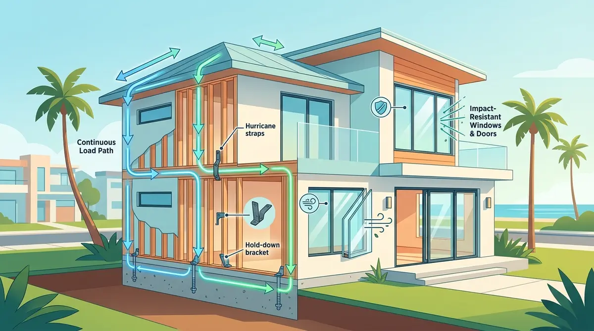 Diagram showing continuous load path engineering and impact-resistant windows in a modern Florida home