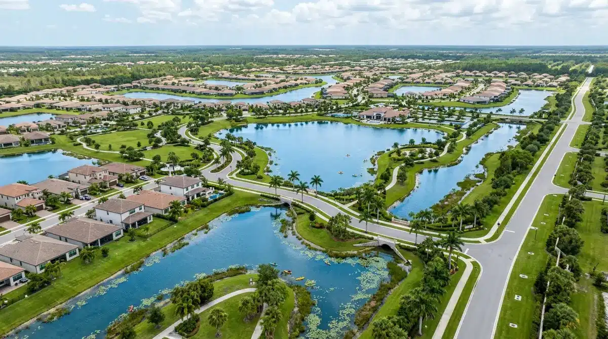 A master-planned Florida community featuring interconnected retention lakes and underground utilities