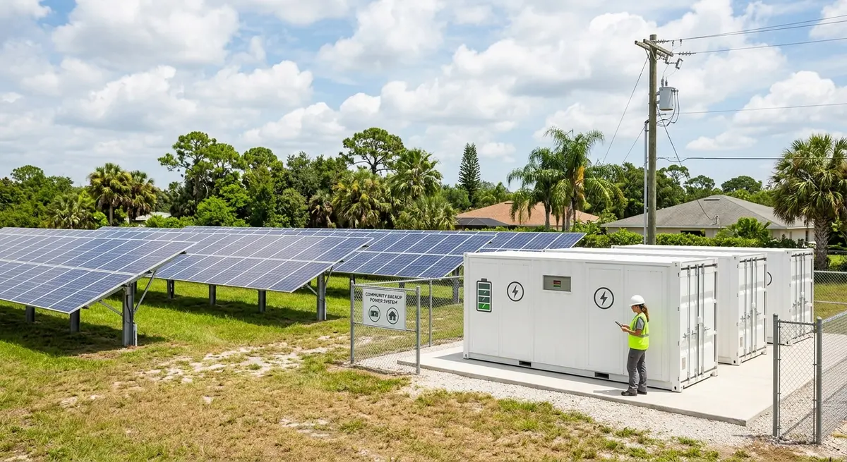 Solar panels and battery storage facility providing backup power to a Florida community
