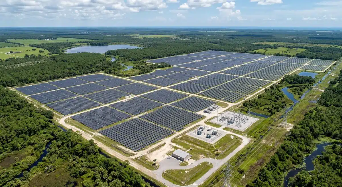 Aerial view of a large utility-scale solar energy center in Florida