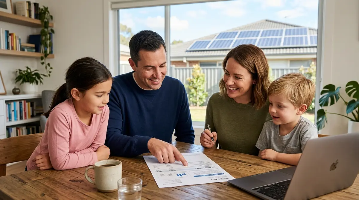 A family reviewing their monthly utility bill showing solar credits