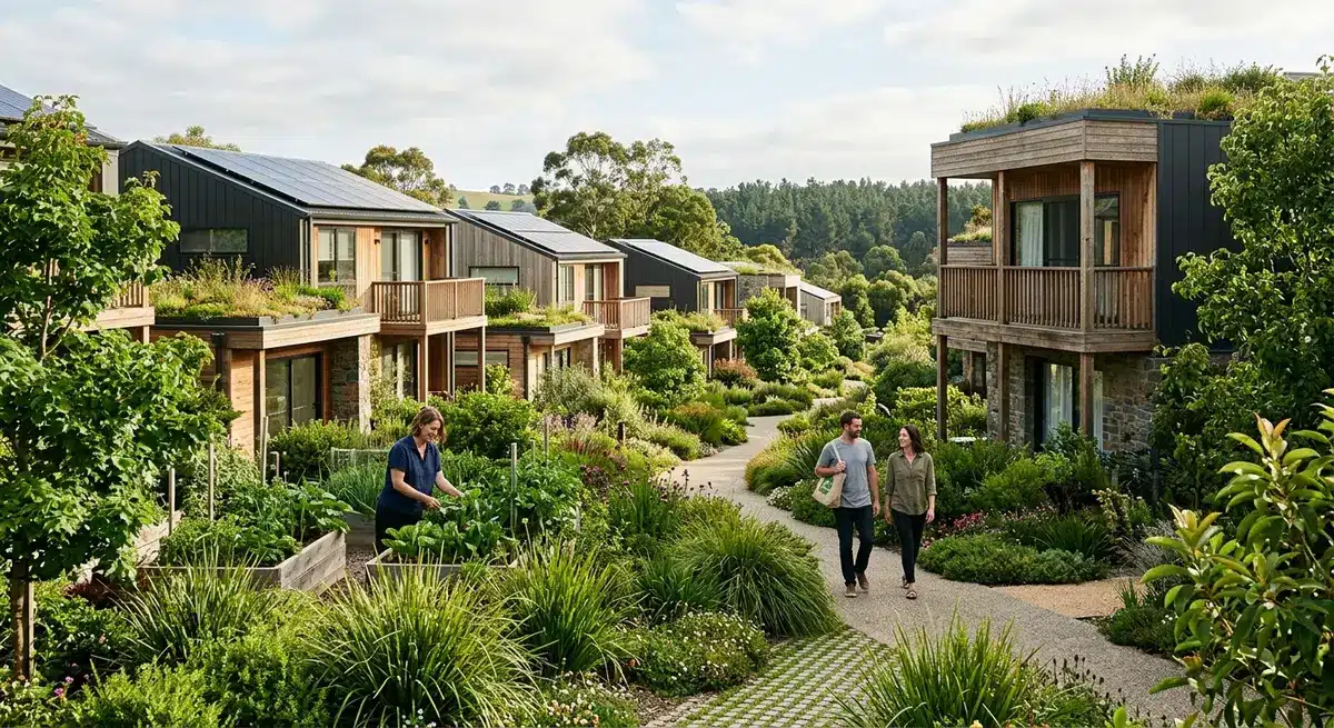 Modern sustainable community homes with lush green landscaping