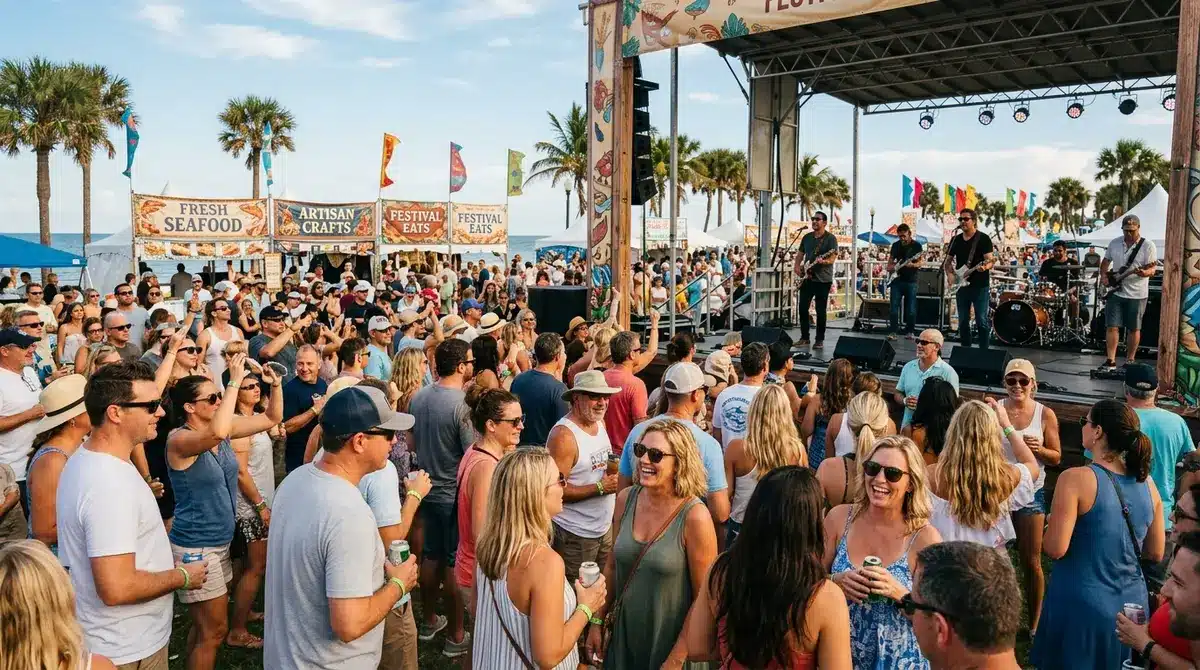 Crowd enjoying a live music performance at a sunny outdoor seafood and arts festival in Florida