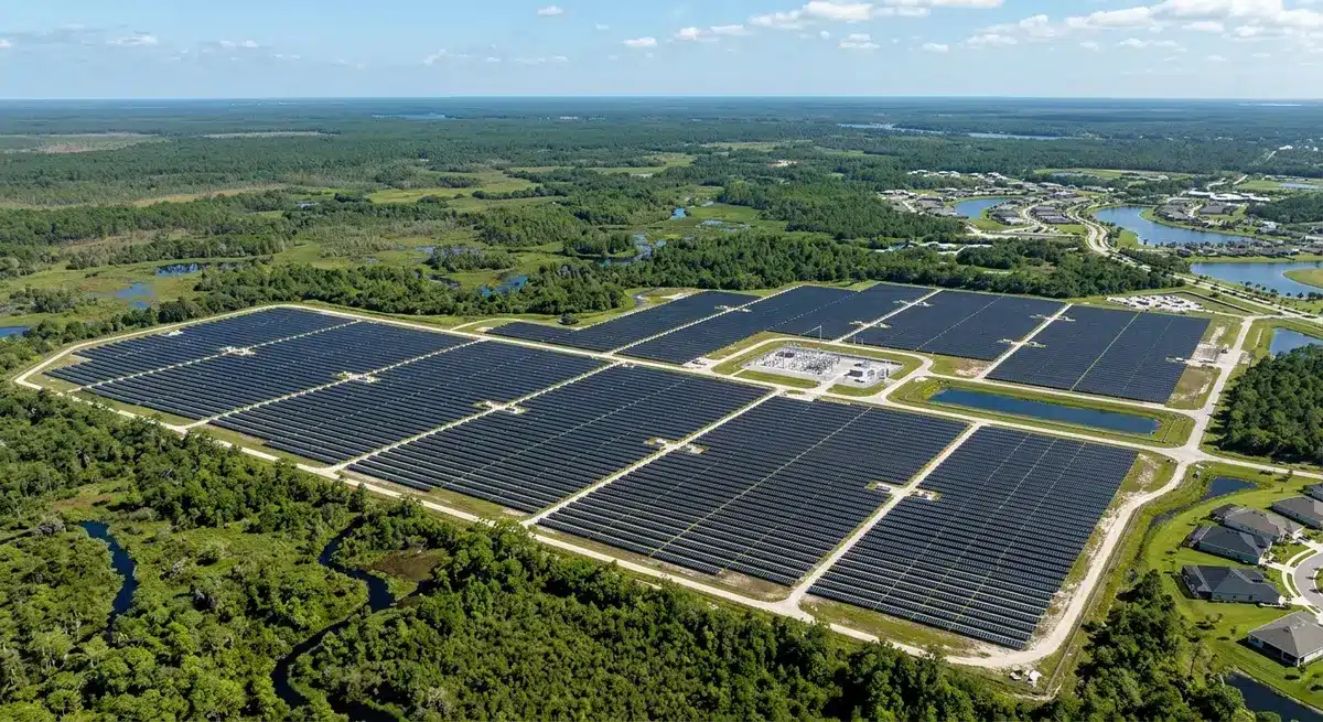 Aerial view of the Babcock Ranch solar energy center and surrounding nature preserves in Florida