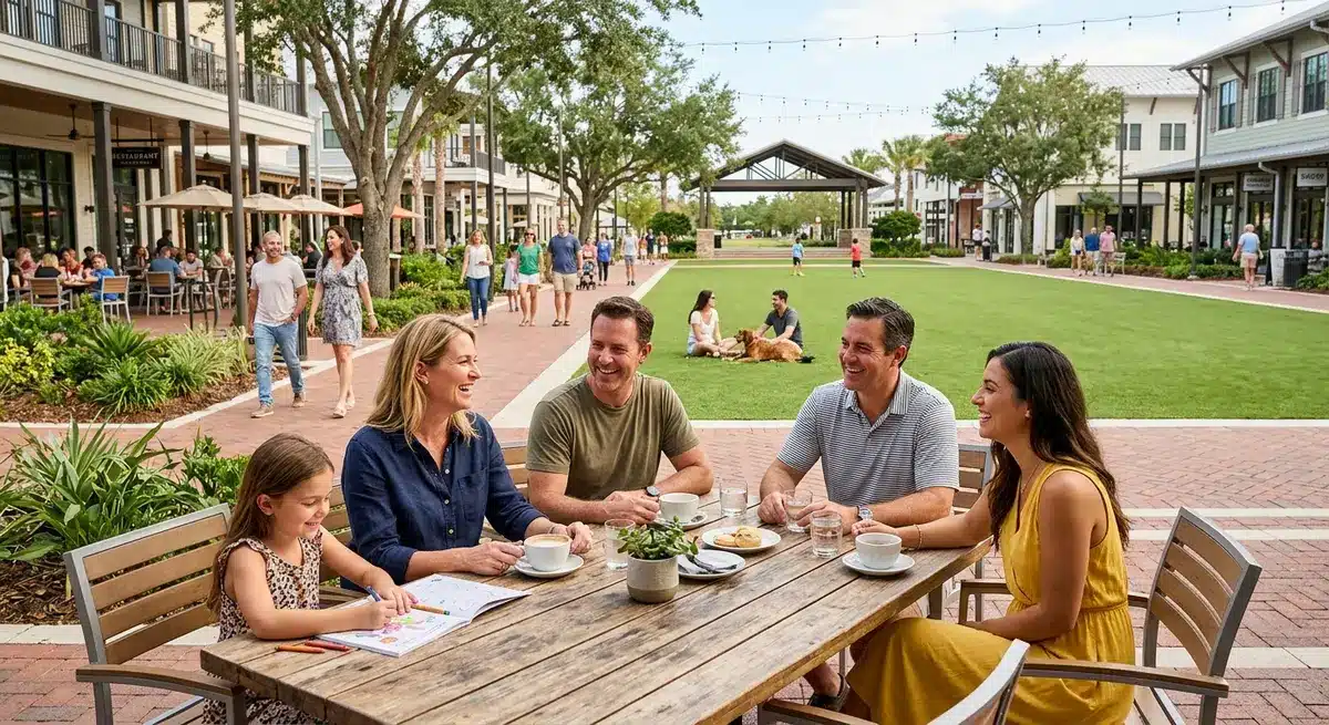 Residents enjoying the vibrant Founder's Square downtown district at Babcock Ranch