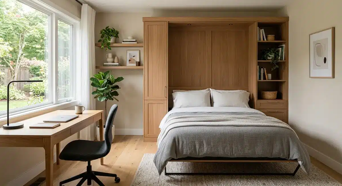 Modern home office seamlessly converted into a guest bedroom with a Murphy bed